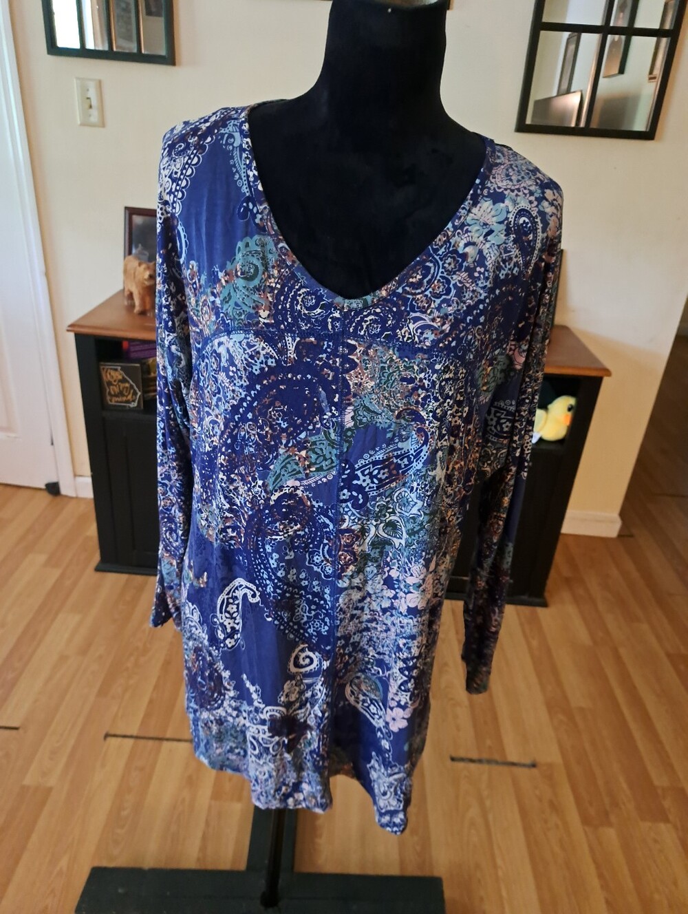 Artisan NY Paisley Tunic Top 1X Plus Size Blue Green Boho Scoop Neck Knit Shirt